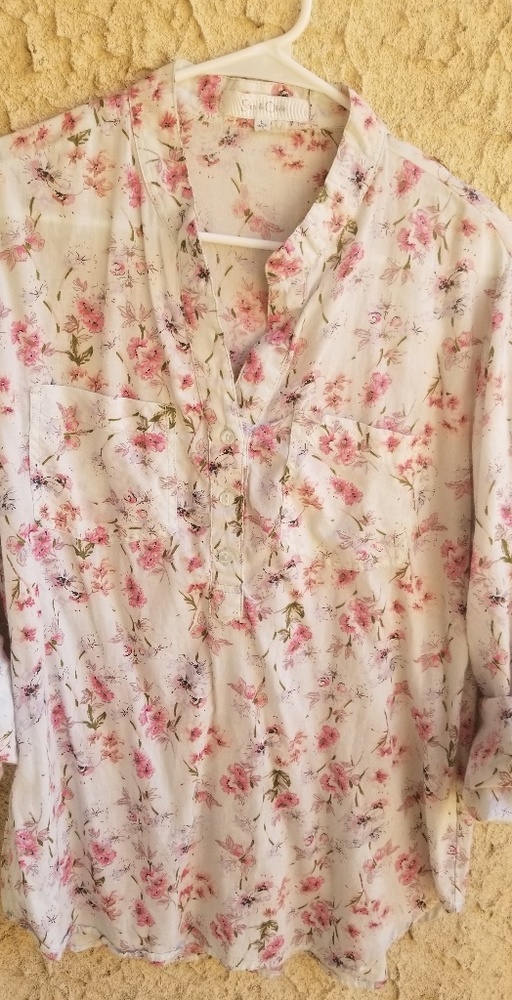 Shirt. Preowned coral pink flowers and white.
